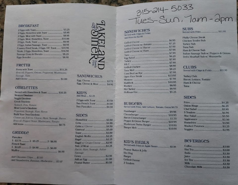 Printed menu page with omelettes and toast.
